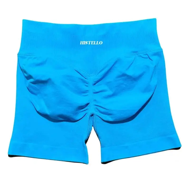 HISTELLO blue seamless women's sports shorts with high waistband and back scrunch seam