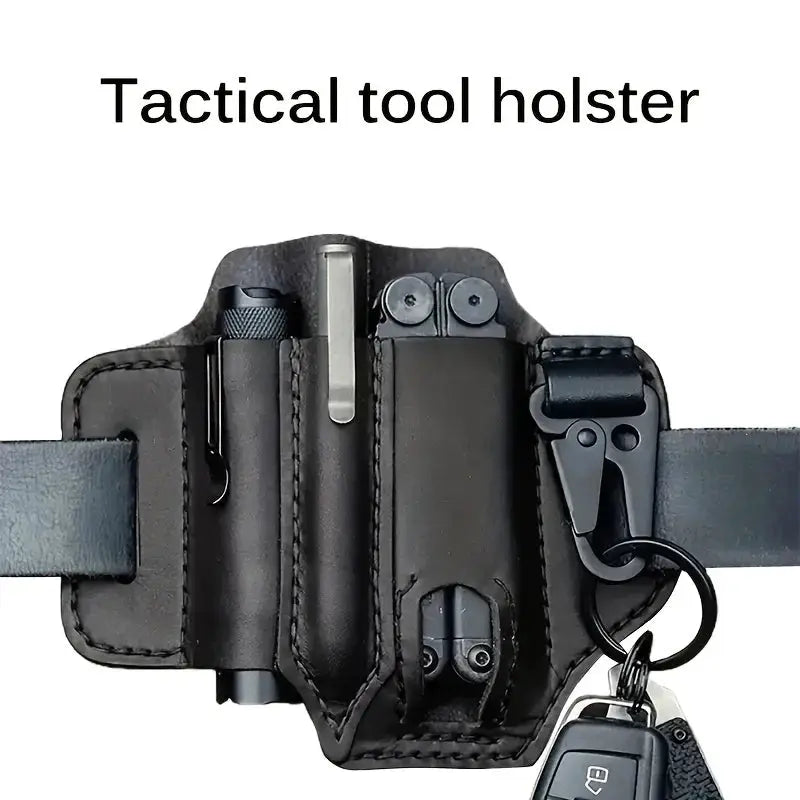 Tactical tool belt holster in black PU leather with multiple pockets and attached key fob