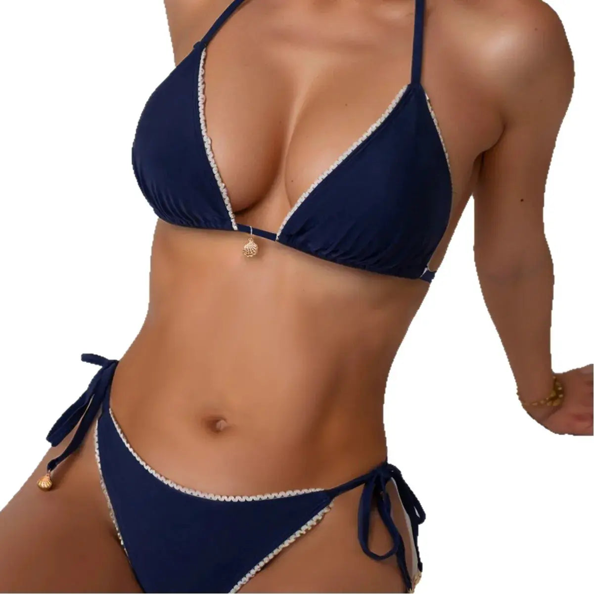 Simples Market navy blue two-piece bikini with white trim; triangle top and tie-side bottoms.