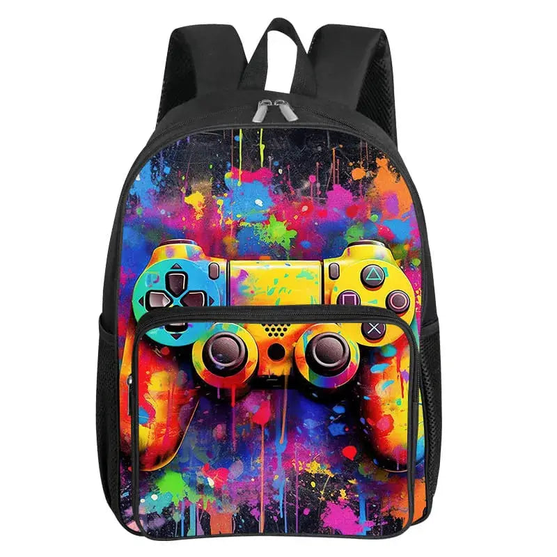 GamePad Pattern Square Front Pocket Backpack for Kids with colorful rainbow controller print