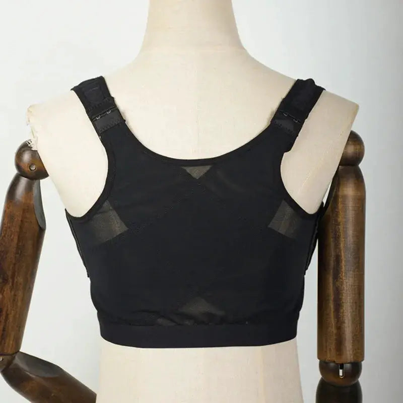 Post-surgery women's breast support bra bralette, black with mesh panels and wide straps