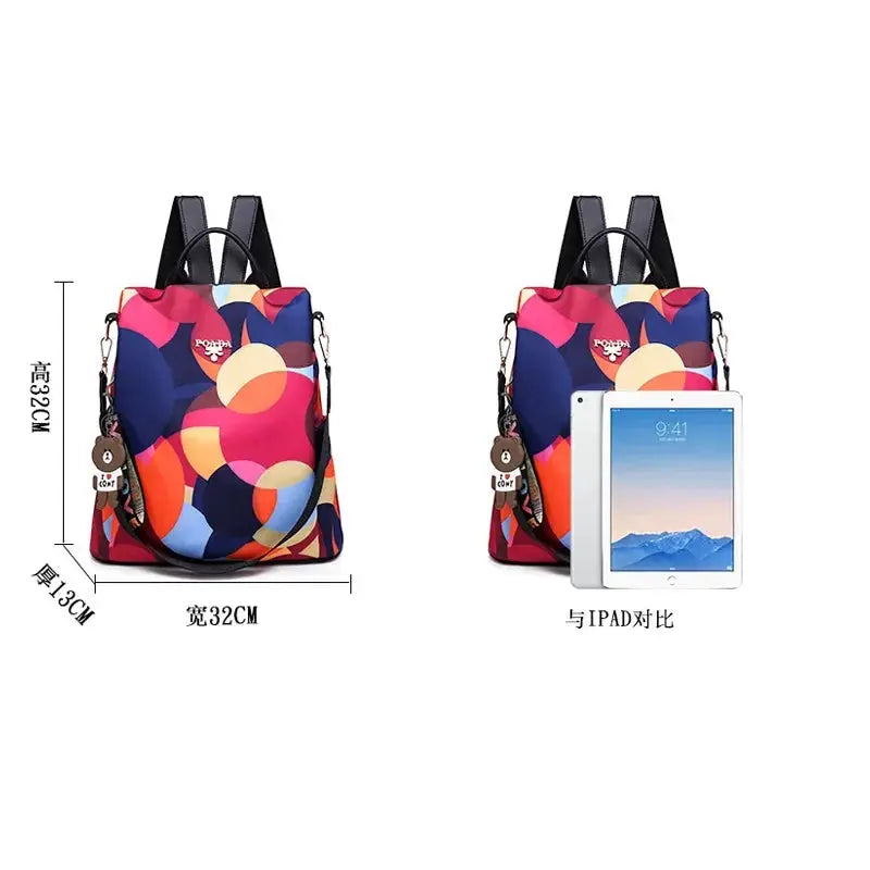 Women’s backpack in colorful abstract print Oxford cloth by Simples Market, waterproof, large-capacity school bag.