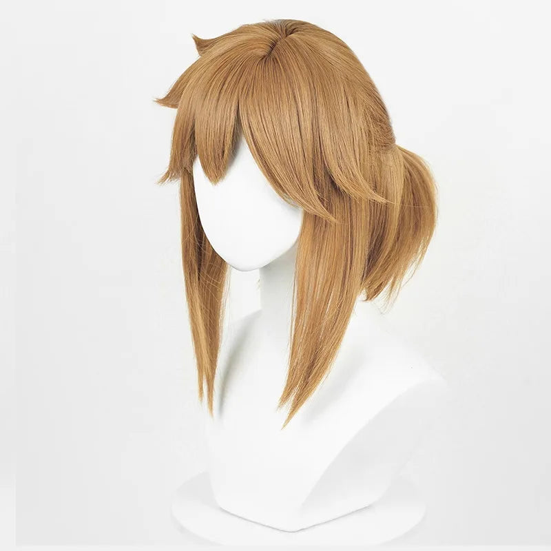 Link cosplay blonde-brown heat-resistant synthetic wig with layered fringe and ponytail