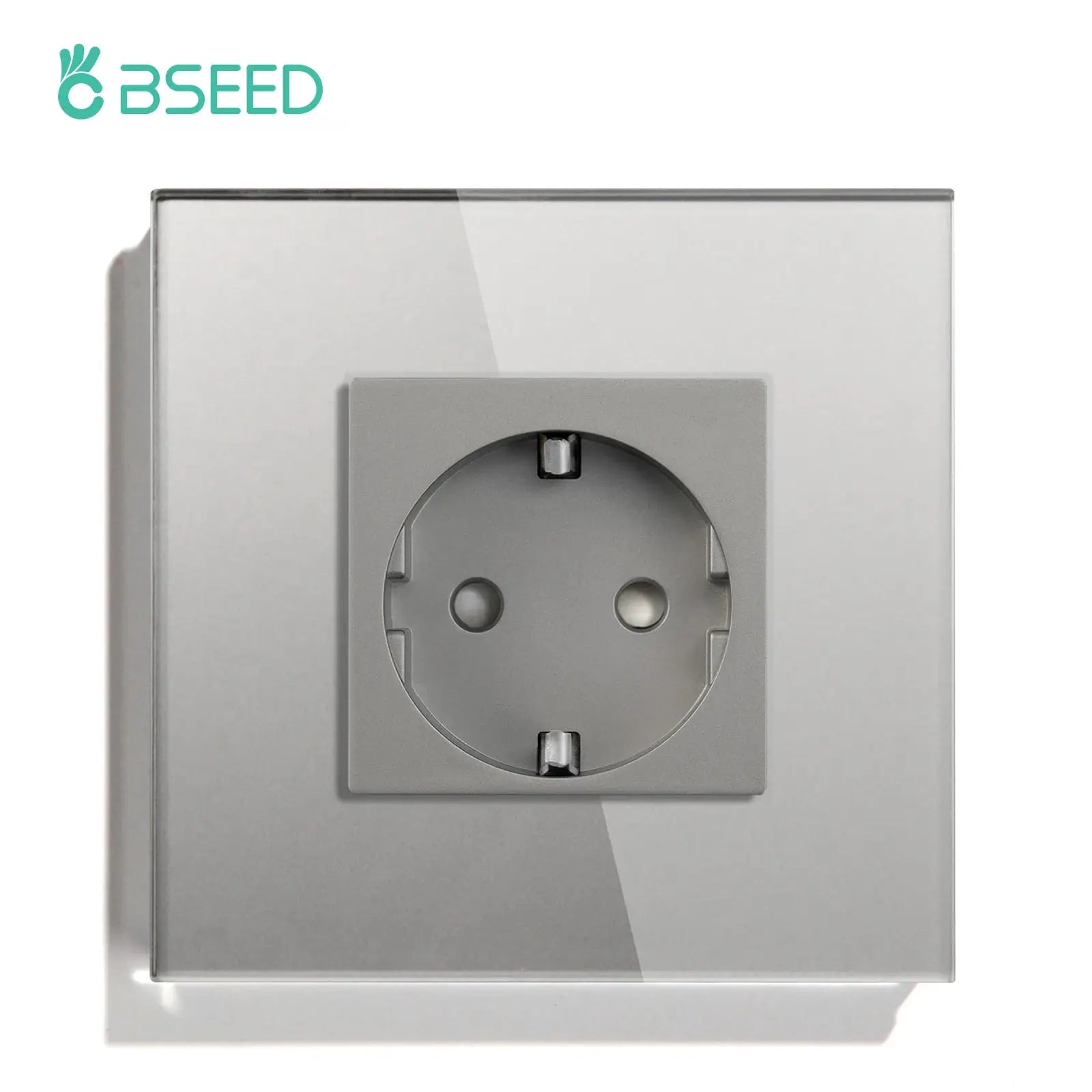BSEED EU standard wall socket on a gray metal panel; Schuko-style outlet with grounding contacts.