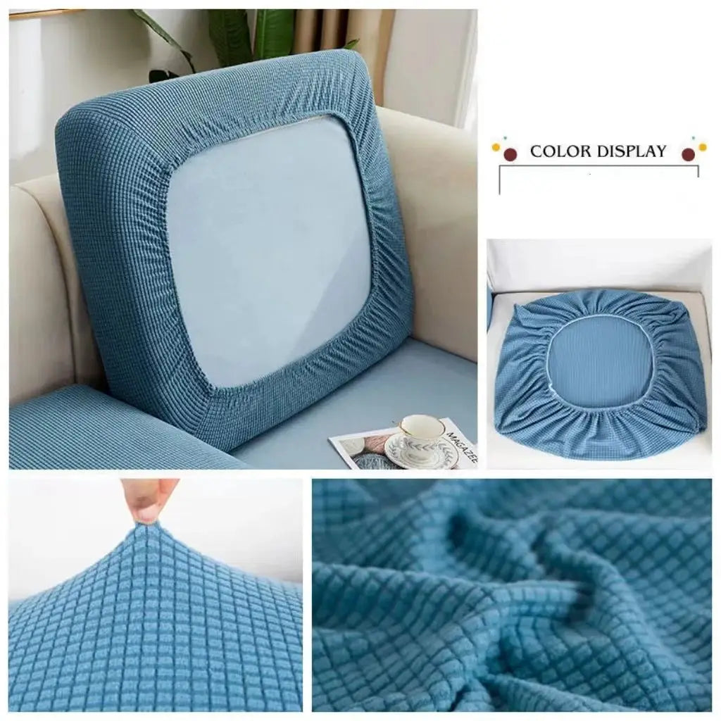 Simples Market thick elastic blue sofa cover; square cushion slipcover with textured grid fabric for living room.