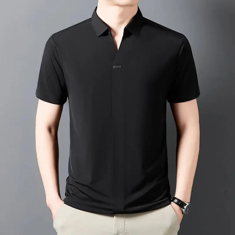 Men's black polo shirt, short sleeves, solid color with Simples Market logo