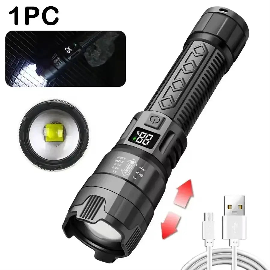 VoltPro UltraBeam 300000LM Tactical LED Flashlight With Digital Display And USB C Charging For Camping And Hunting