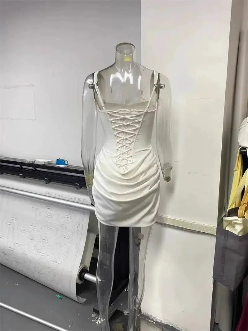 Mozision Backless Ruched Mini Dress With Tapered Straps Square Collar