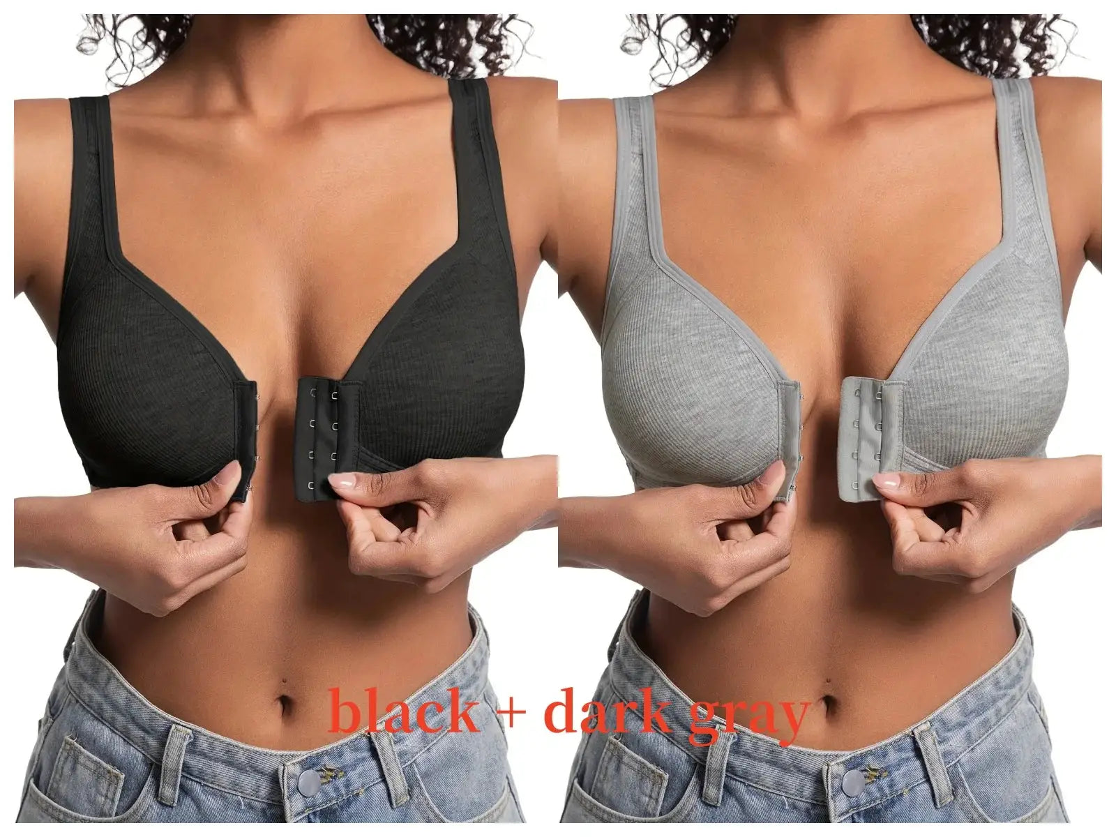 Women's wire-free front-closure bra in black and dark gray with full-coverage cups, Simples Market, 2 colors