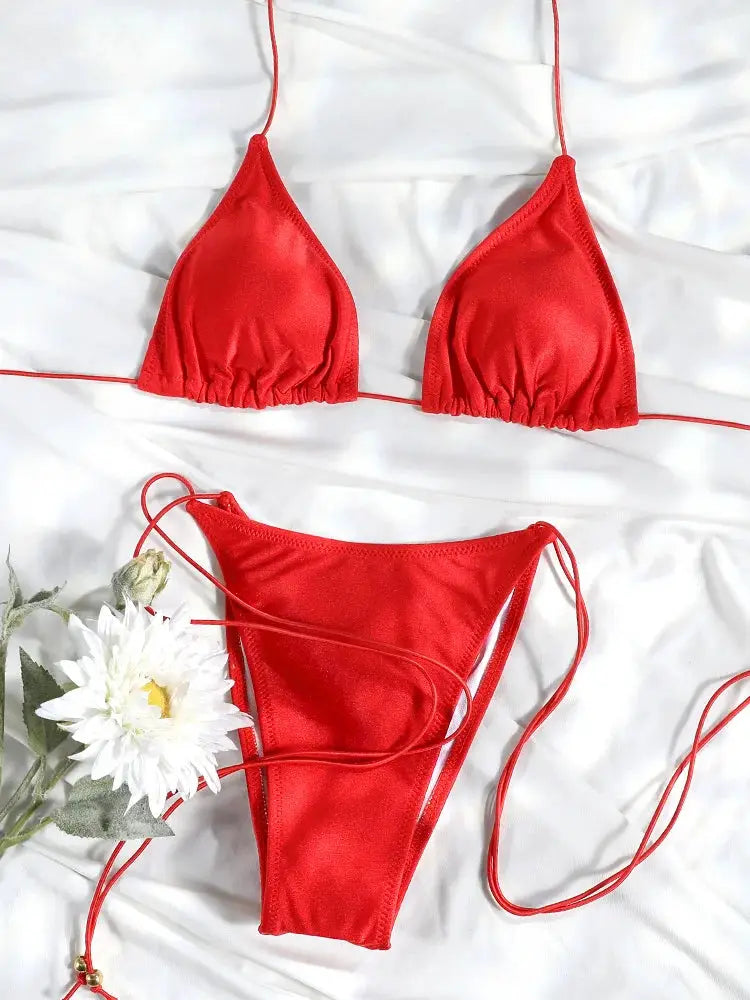 Sexy Triangle Bikini Set For Women Micro Thong Swimsuit Bandage Beachwear With Print Bathing Suit