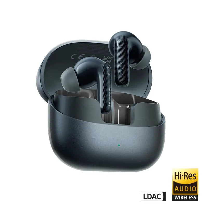 Baseus EP10 Pro ANC wireless earbuds in a dark blue metallic charging case with 2 earbuds