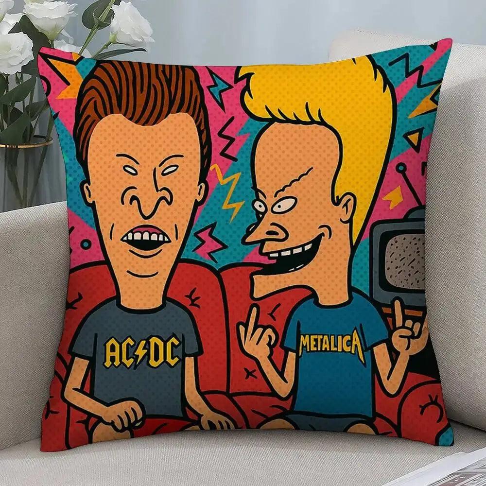 Simples Market Beavis and Butt-Head plush pillow cover, double-sided print with cartoon characters in band tees.