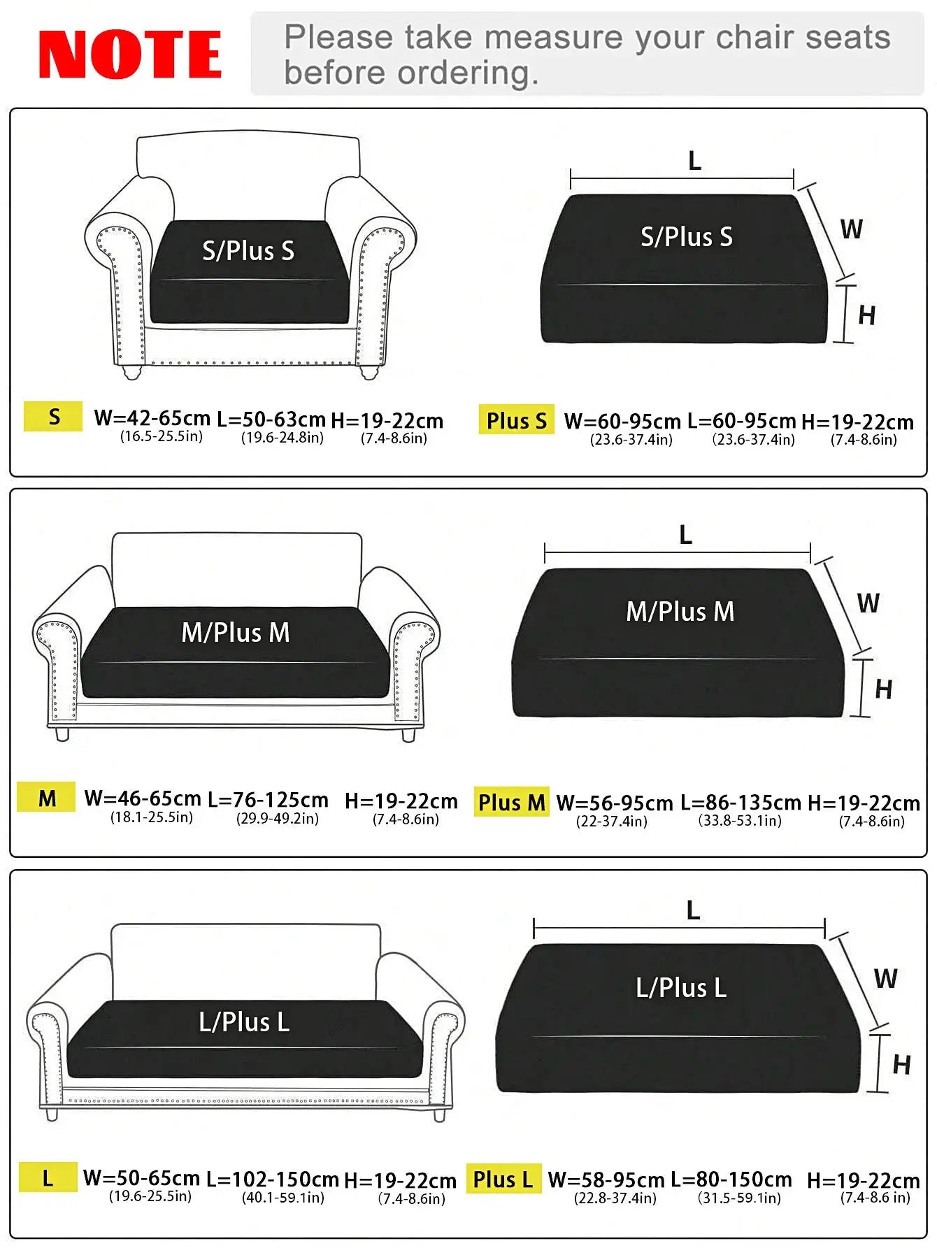 Black sofa protective cover with high elasticity; six size options S/Plus S, M/Plus M, L/Plus L.