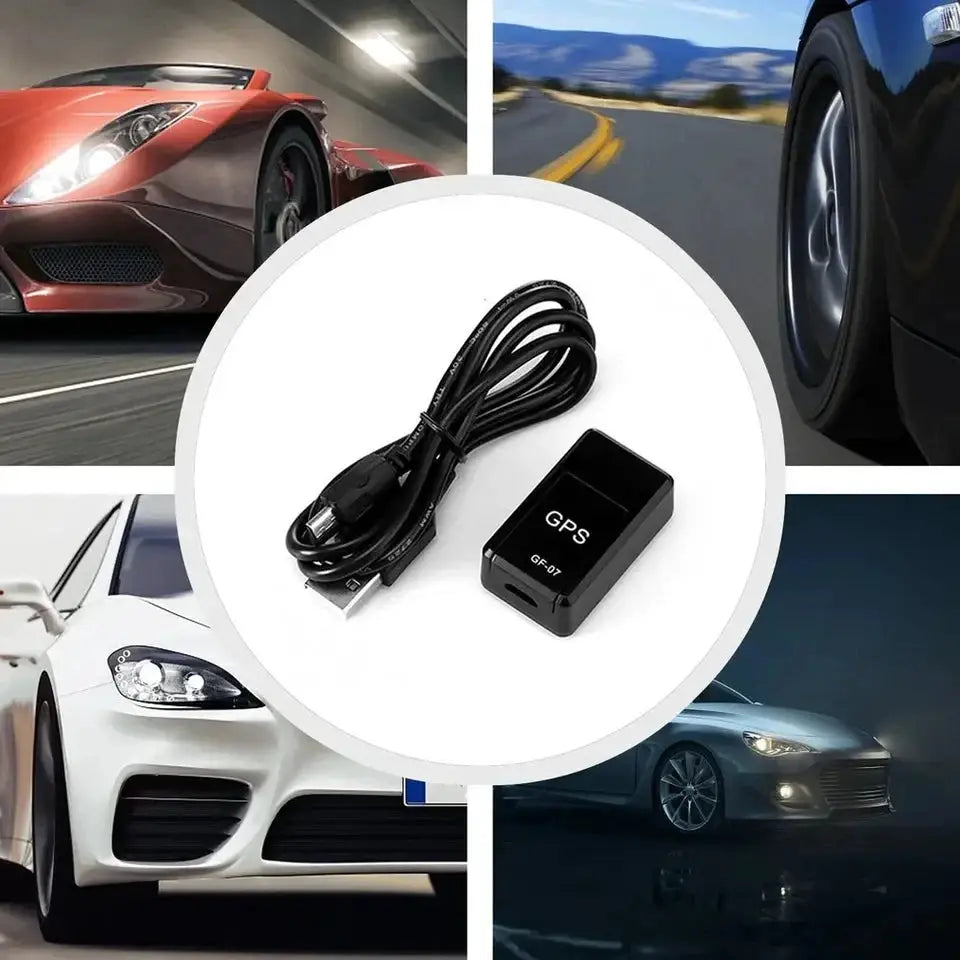 GF07 Magnetic Mini GPS Tracker by Simples Market; compact black vehicle locator with USB cable