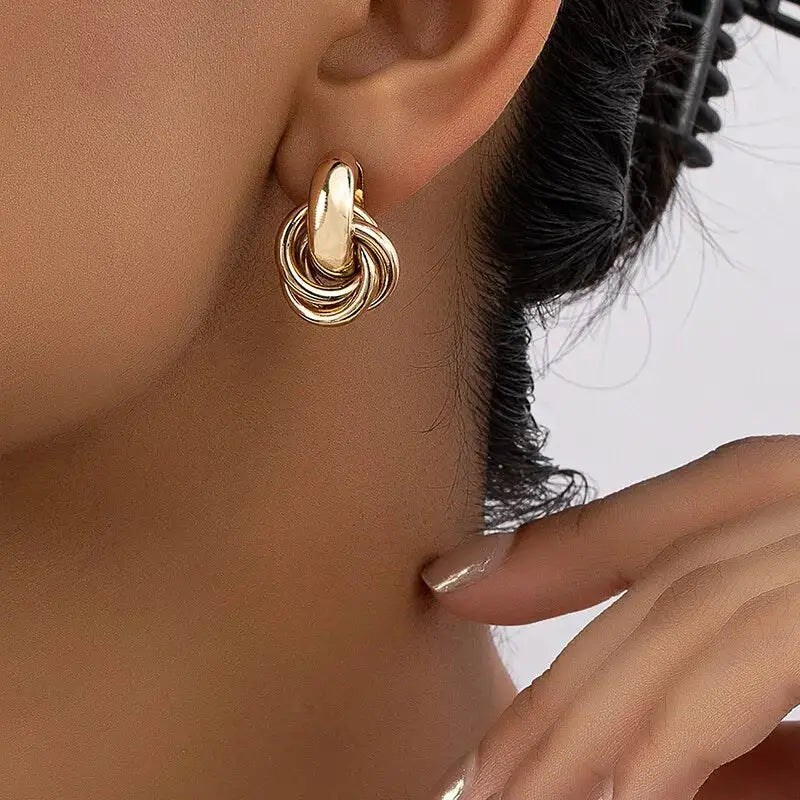 2 Pair Knot Hoop Earrings Set For Women Gold And Silver Tone Shiny Plating Trendy Stud Daily Wear Jewelry