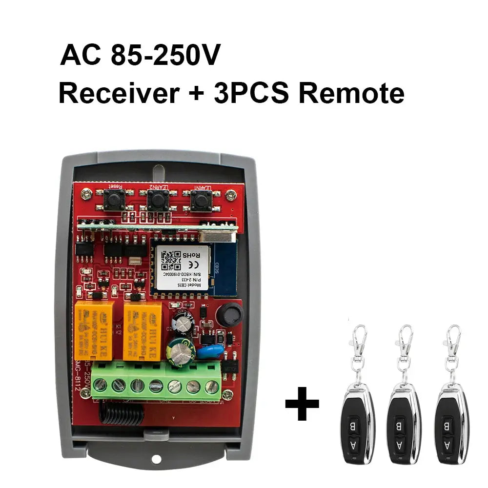 Simples Market 2-channel smart garage door receiver with 3 remotes; red PCB module inside gray housing