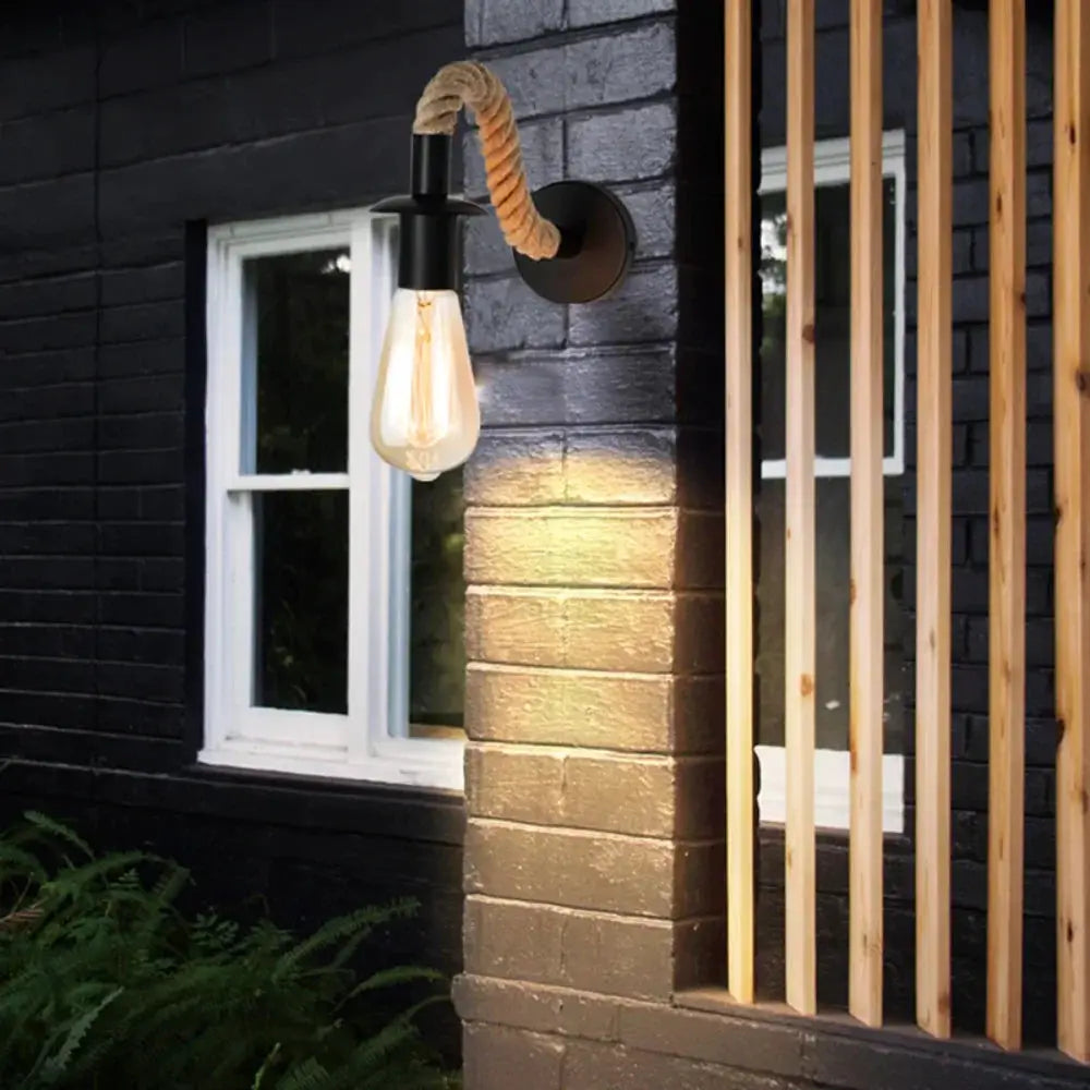 Retro hemp rope E27 Edison bulb iron wall lamp with black finish for exterior use