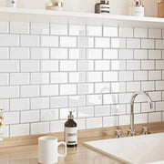 Peel-and-stick white ceramic subway backsplash tiles for kitchen and bathroom.