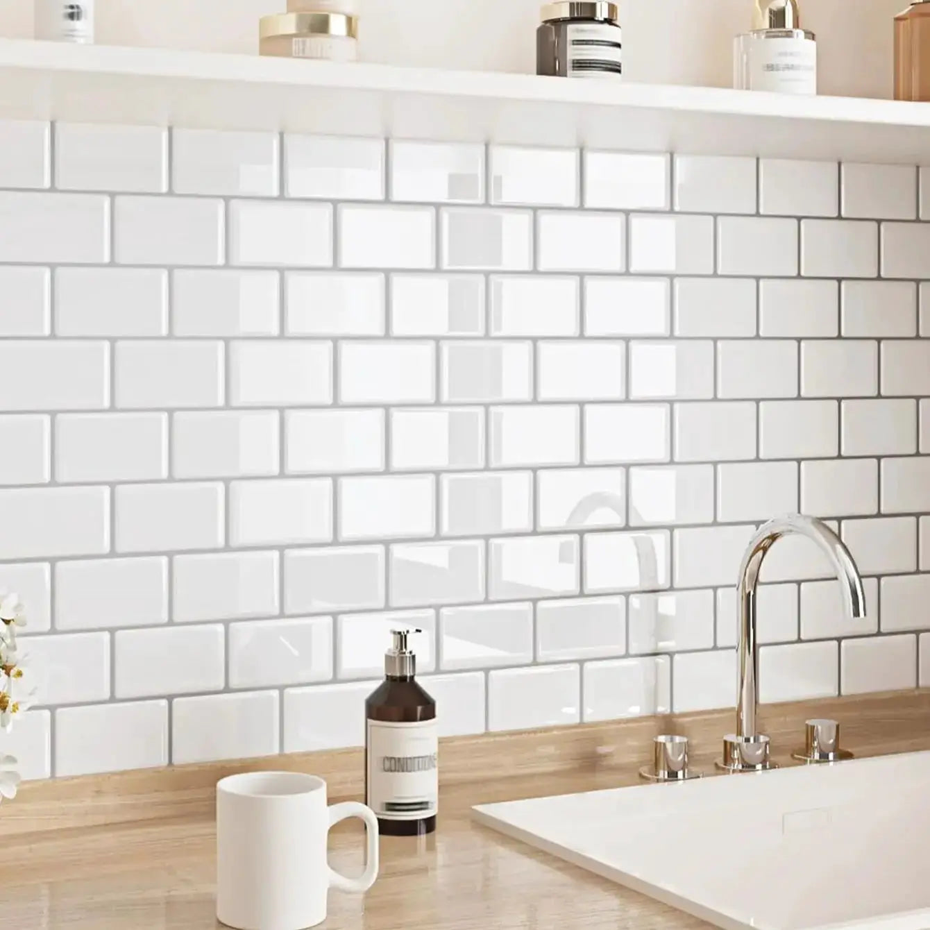 Peel-and-stick white ceramic subway backsplash tiles for kitchen and bathroom.