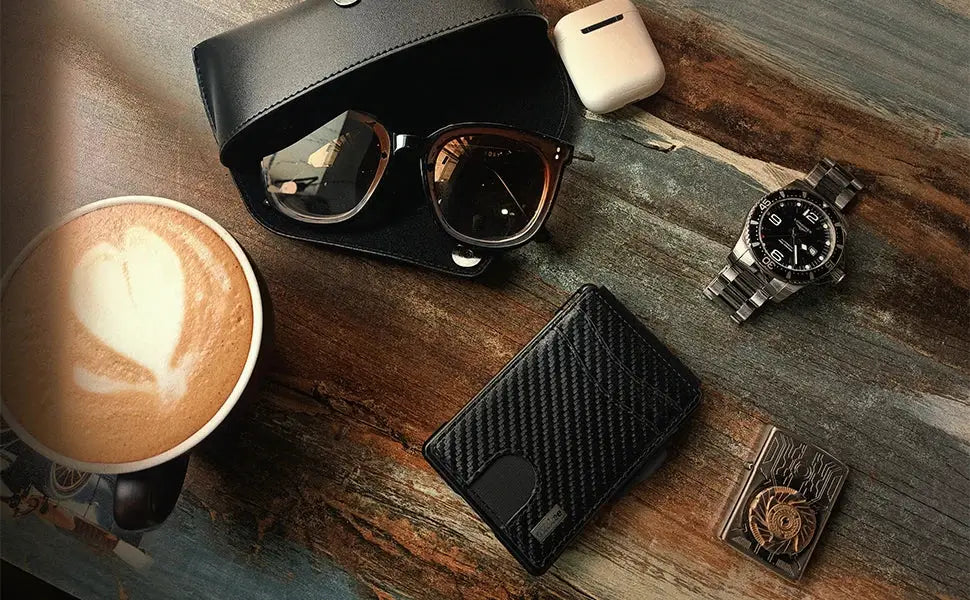 Simples Market men's minimalist wallet, black slim card wallet with money clip and ID window, RFID blocking
