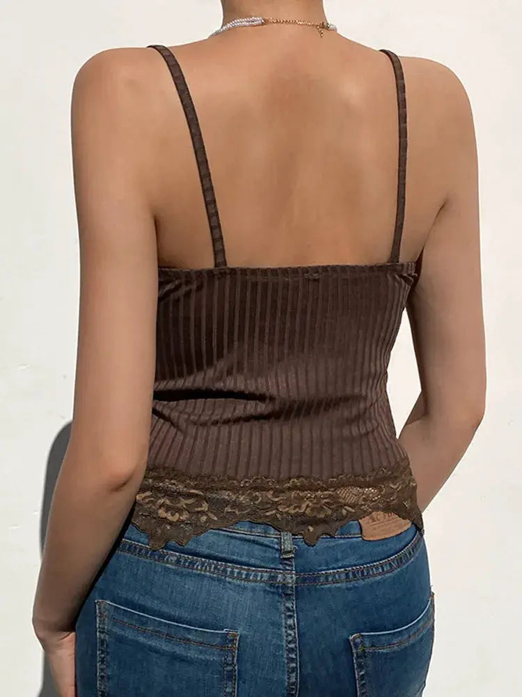 NoirPulse Gothic Bodycon Cami Top For Women Ribbed Backless Lace Trim Grunge Summer