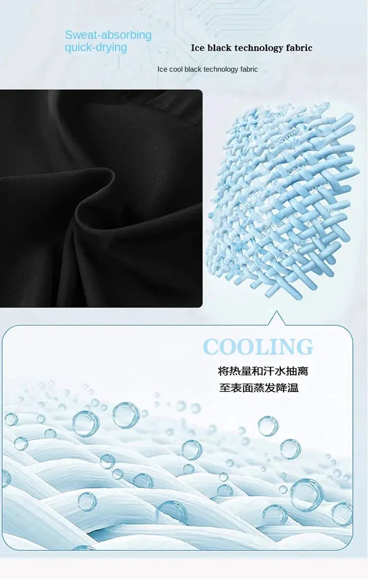 Two-piece men's and women's quick-drying sports shorts set in black fabric with ice-black cooling technology