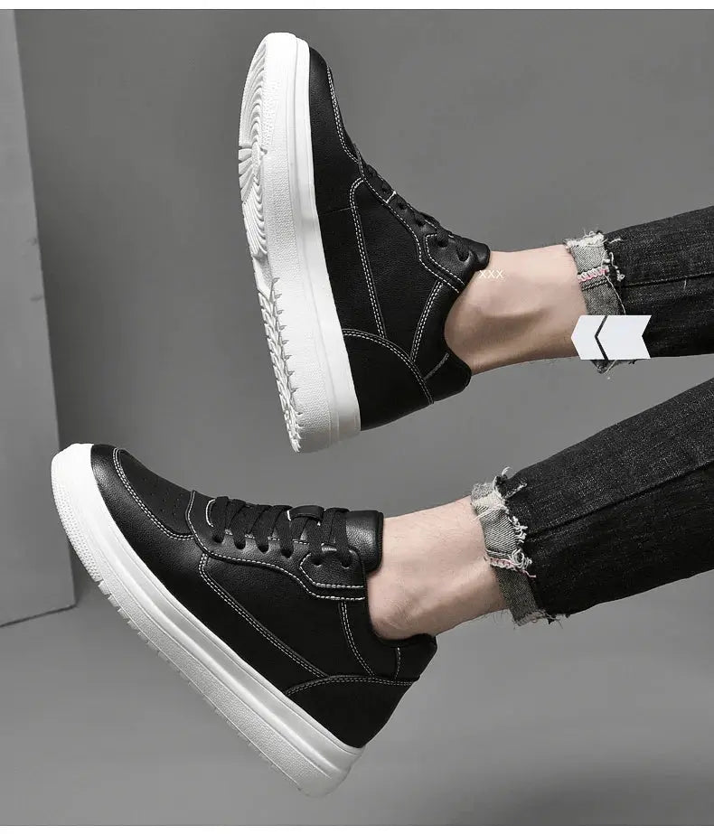 Simples Market men's black leather elevator sneakers with white sole, pair for casual style