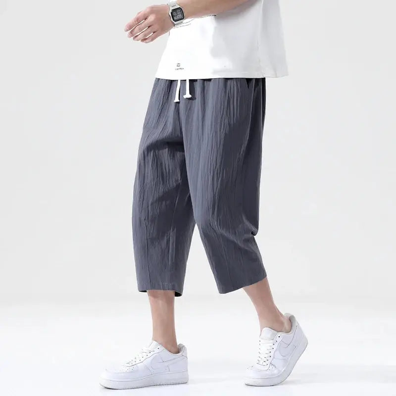 Simples Market men's summer linen shorts, dark gray, lightweight with drawstring waist