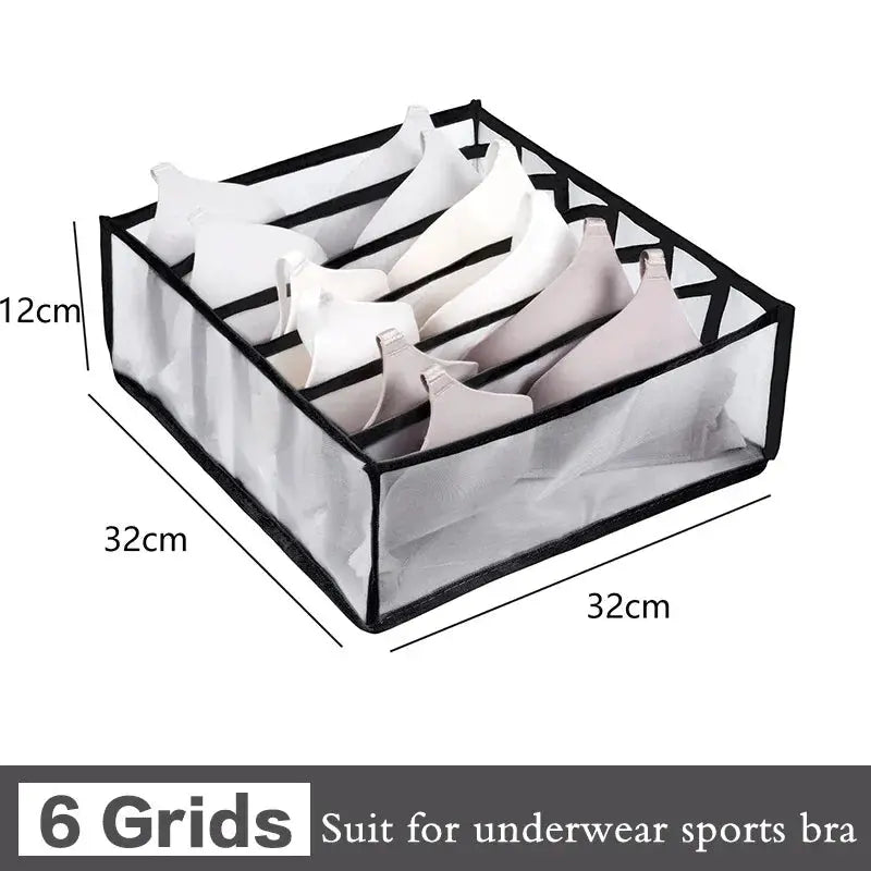 6-grid underwear organizer box with mesh sides and black trim for bras, panties, and socks