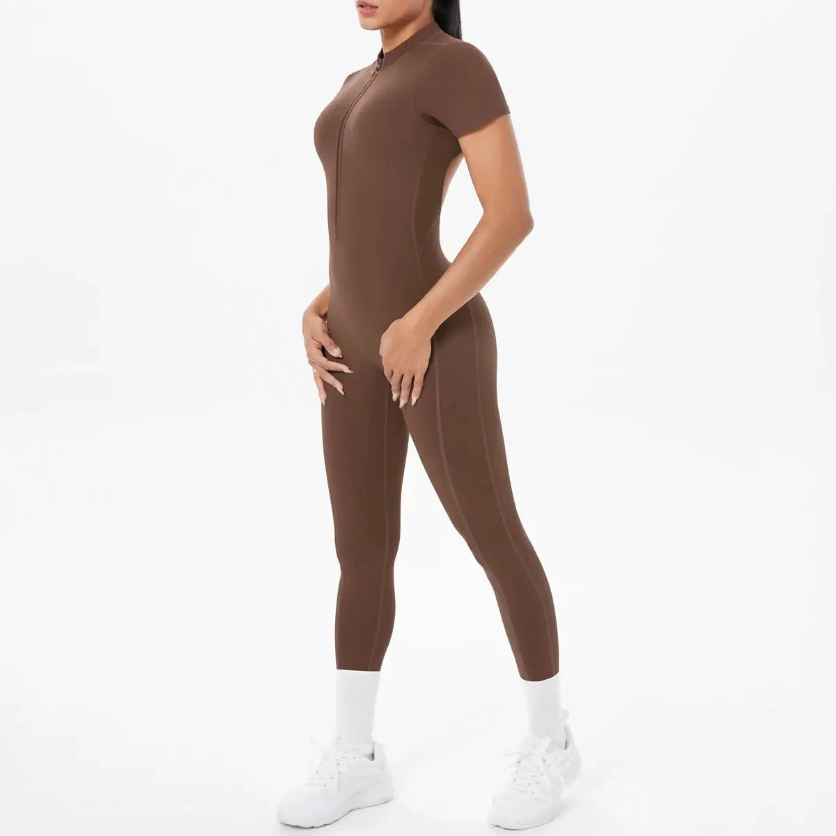 Simples Market brown short-sleeve fitness jumpsuit bodysuit with front half-zip for women