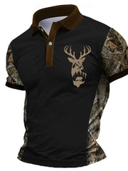 Men's black short-sleeve polo shirt with brown collar and camo sleeves, beige deer head graphic