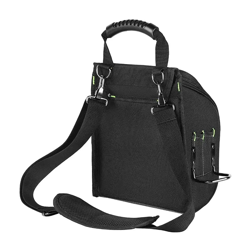 JAKAH electricians tool pouch, black with green accents, multi-pocket and ergonomic rubber handle