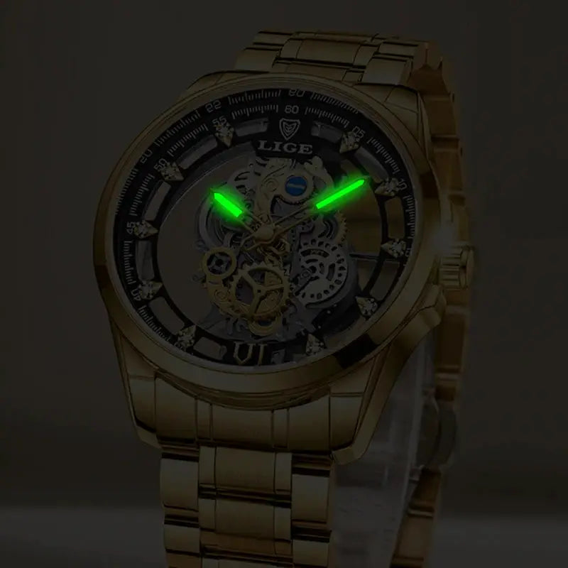 Men's LIGE gold stainless steel hollow skeleton quartz watch with green luminous hands