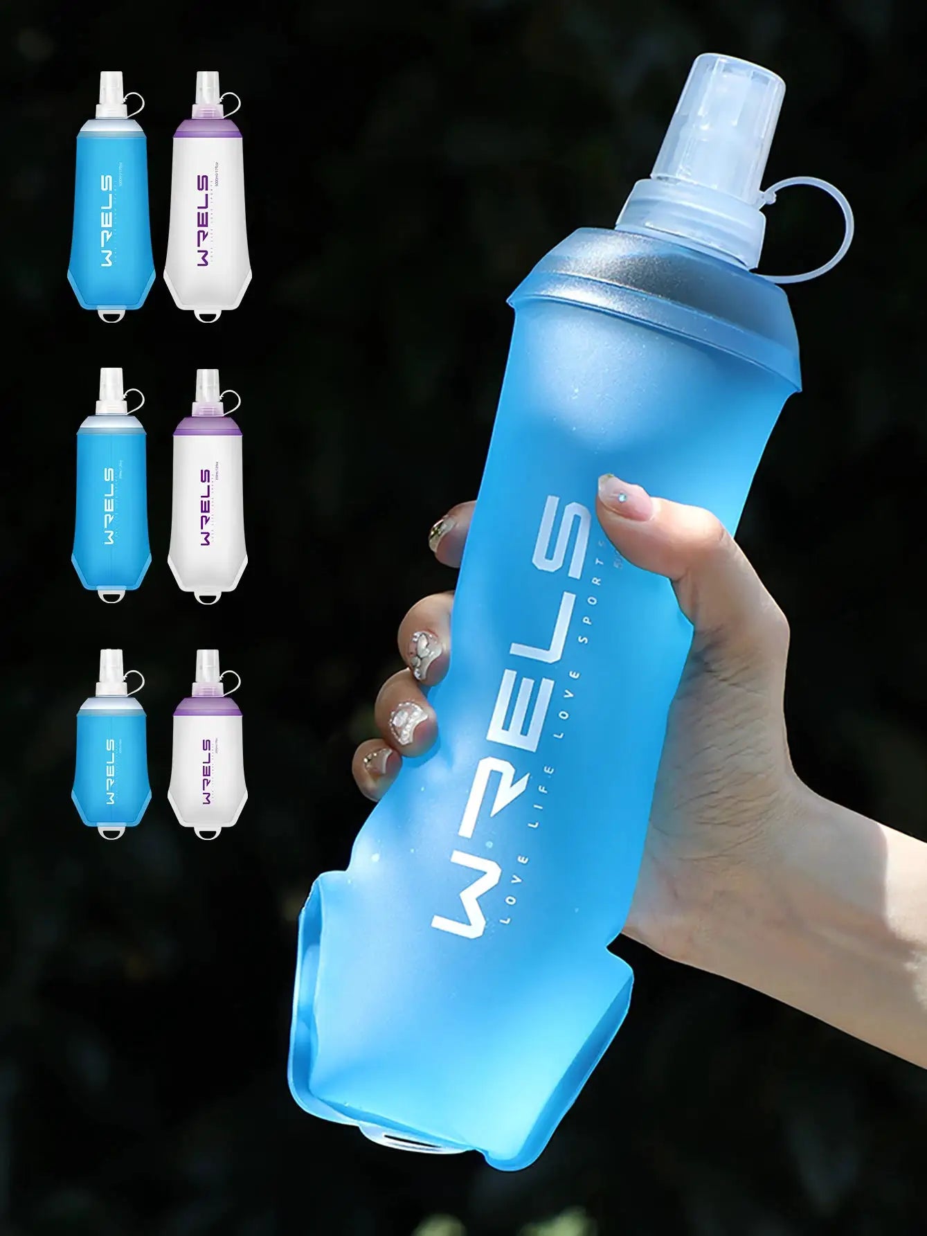 WRELS outdoor water bottle set, six soft folding TPU flasks in blue and white