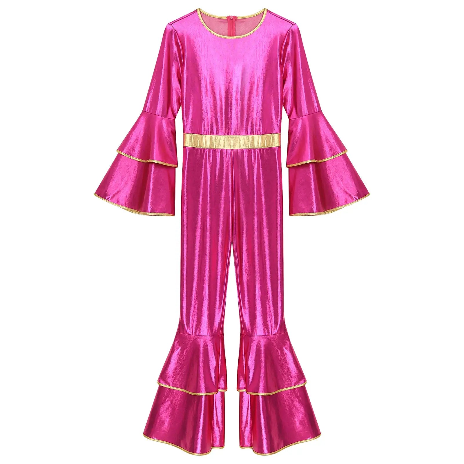 Women's pink metallic disco jumpsuit with gold trim, bell sleeves and bell-bottom pants