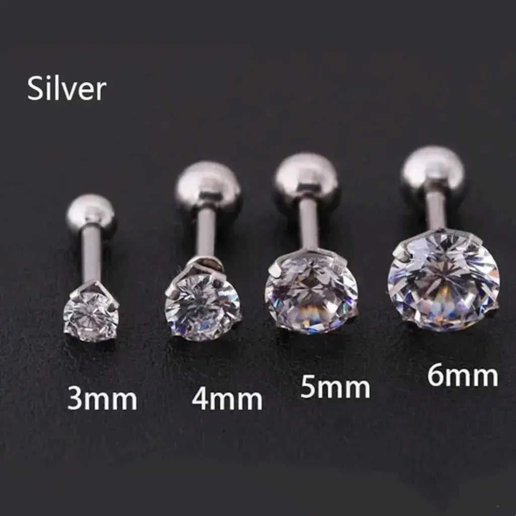 Crystal stainless steel stud earrings four-piece set in silver; sizes 3mm–6mm