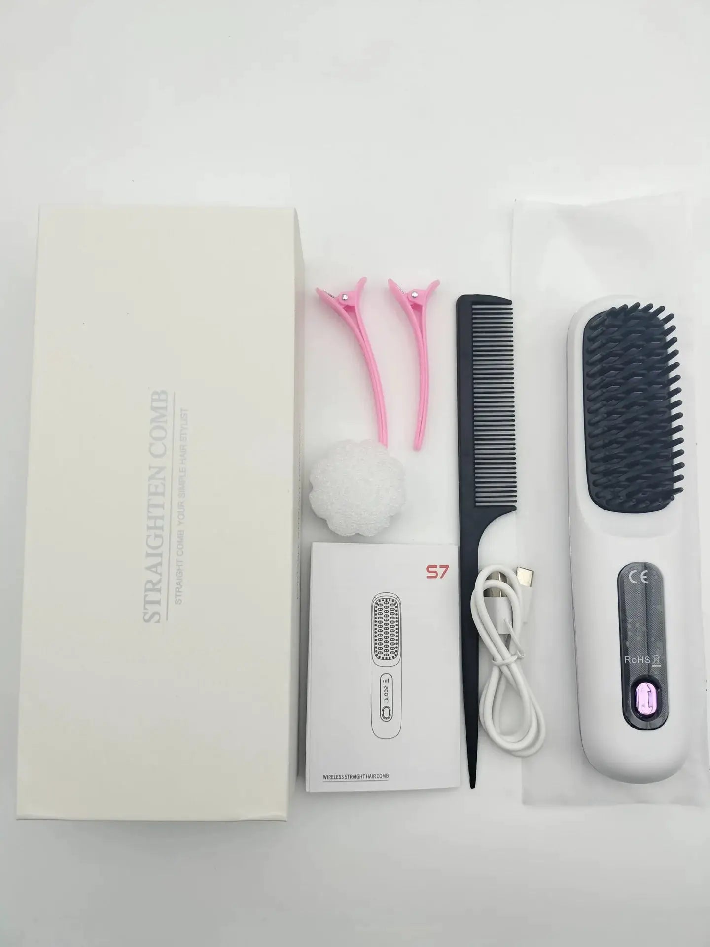 White USB charging cordless hair straightener brush by Simples Market with LED display and ceramic coating