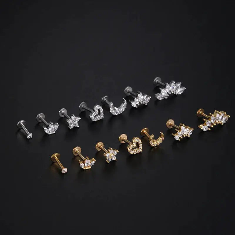Cartilage earrings set: 1.2mm stainless steel labret back with cubic zirconia, silver- and gold-tone assorted shapes