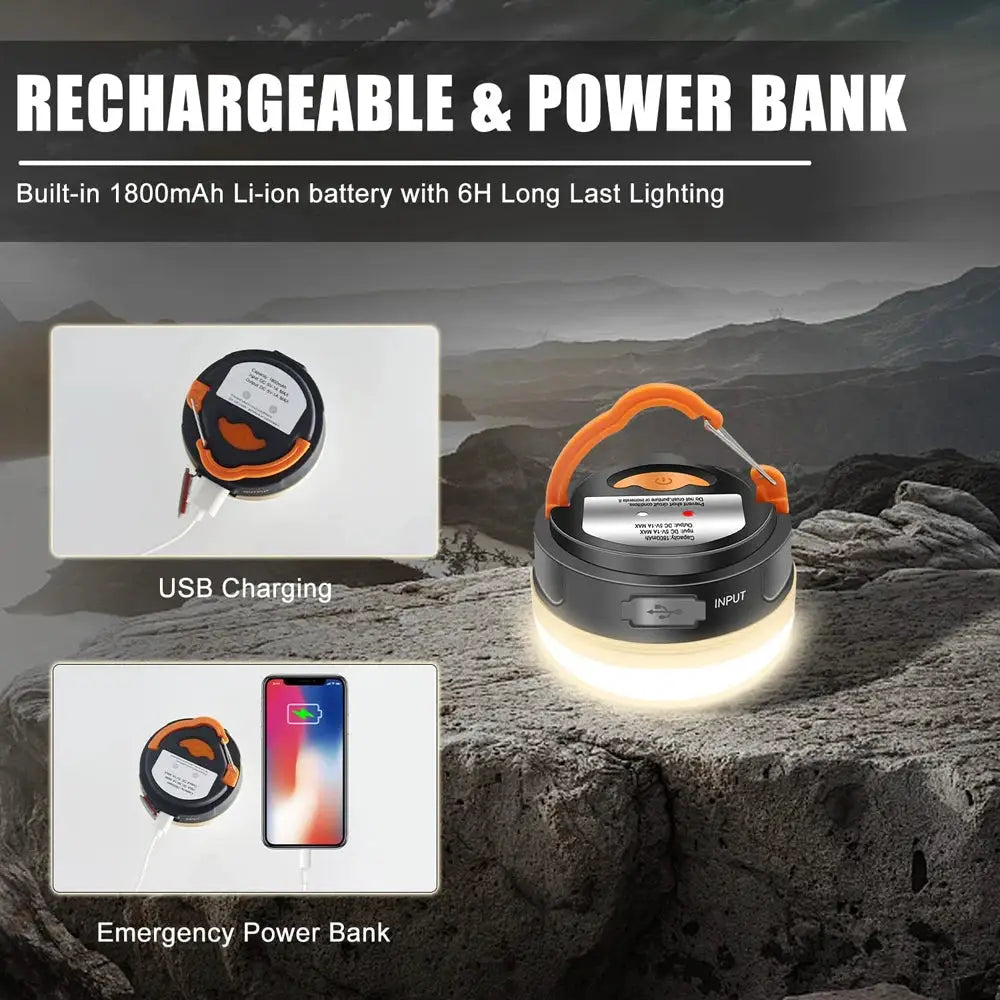 Camping lantern by Simples Market; USB rechargeable with orange handle and 10W light.