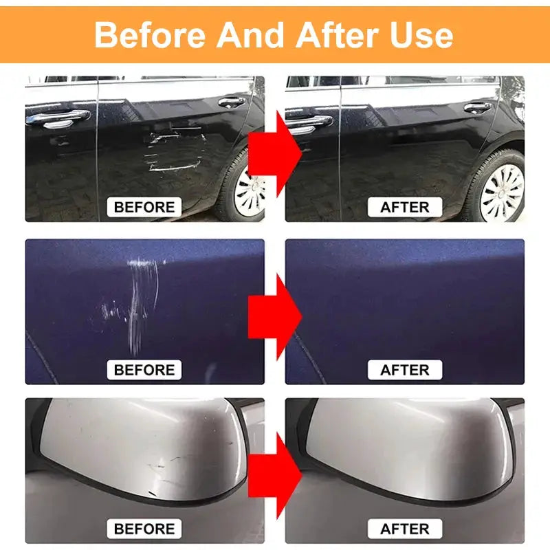 Simples Market car scratch remover showing three before/after results on door, panel and mirror.