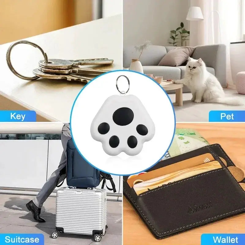 Mini Pet Anti-lost Bluetooth GPS Tracker by Simples Market, white paw-shaped device for keys, bags, wallets and pets.