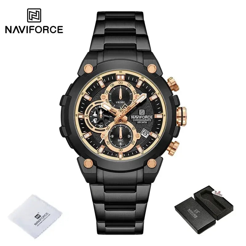 Naviforce men's chronograph wristwatch with black stainless steel band and gold-tone bezel, 3ATM waterproof