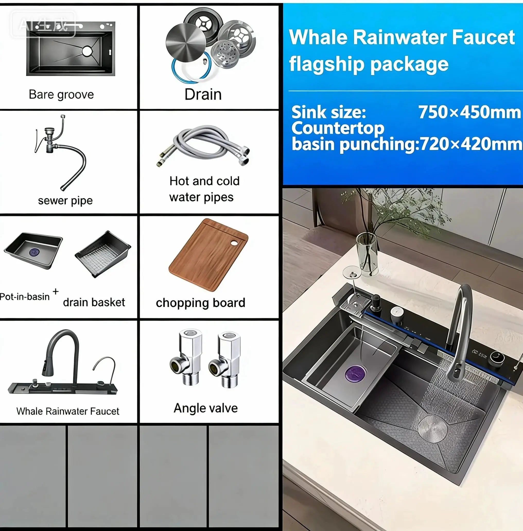 Stainless steel waterfall kitchen sink with left-side drainage; includes faucet and plumbing accessories