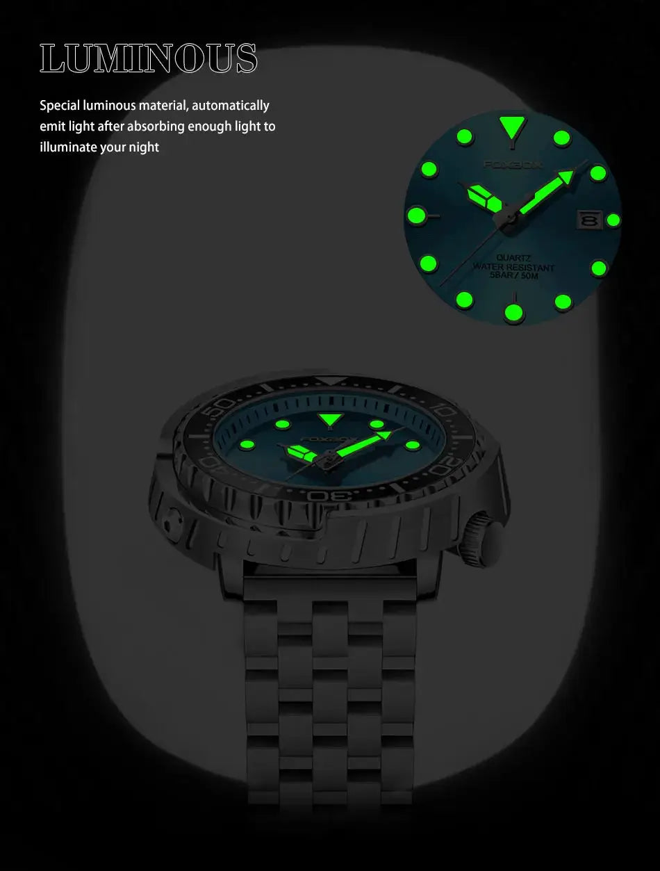 FOXBOXE quartz men's wristwatch by Simples Market; steel bezel, stainless steel band, luminous green dial, date, 5ATM.
