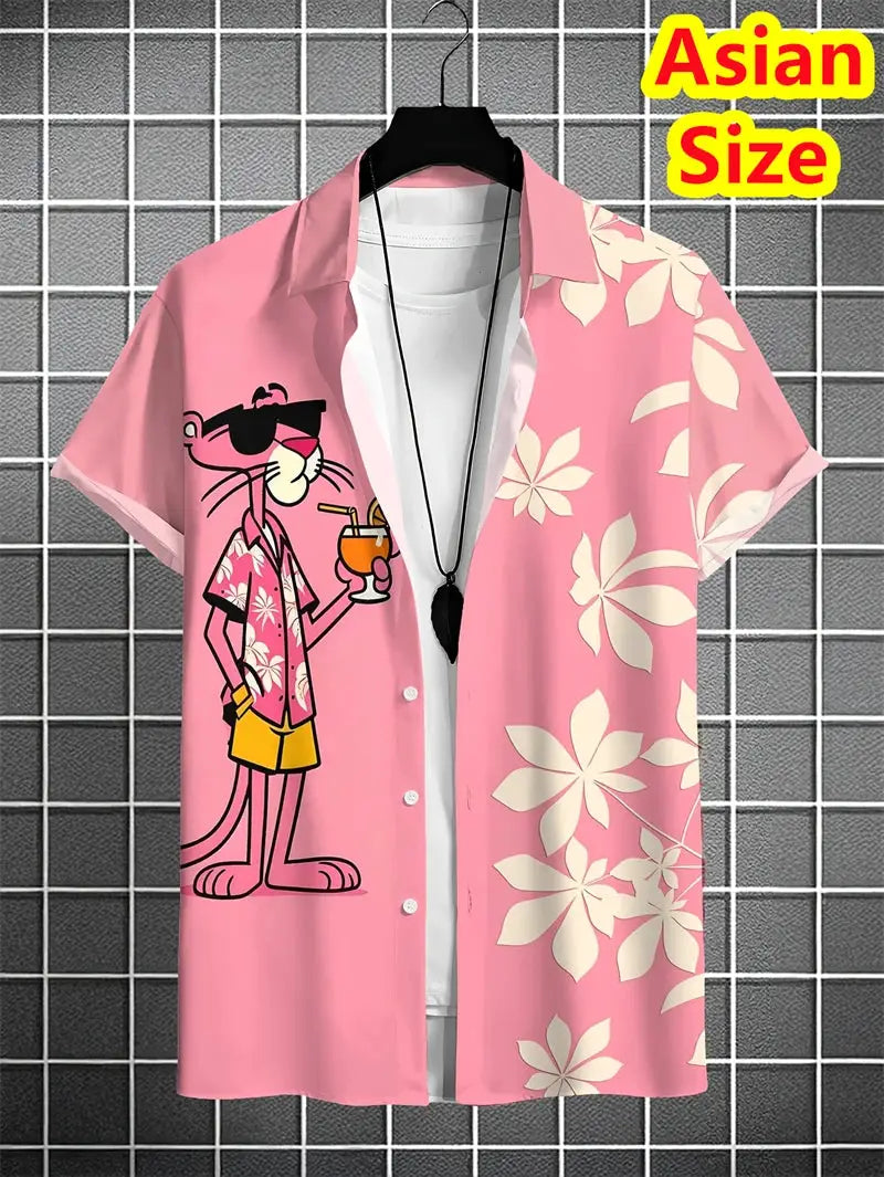 Men's pink short-sleeve camp-collar shirt with cartoon tiger graphic and white hibiscus floral pattern