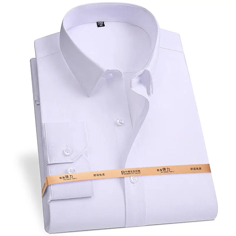 Simples Market bamboo fiber men's long-sleeve shirt, white folded with orange packaging band