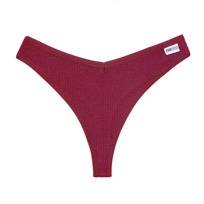 Thong panties, burgundy waffle-cotton, FINETOO tag, 4-piece set by Simples Market.