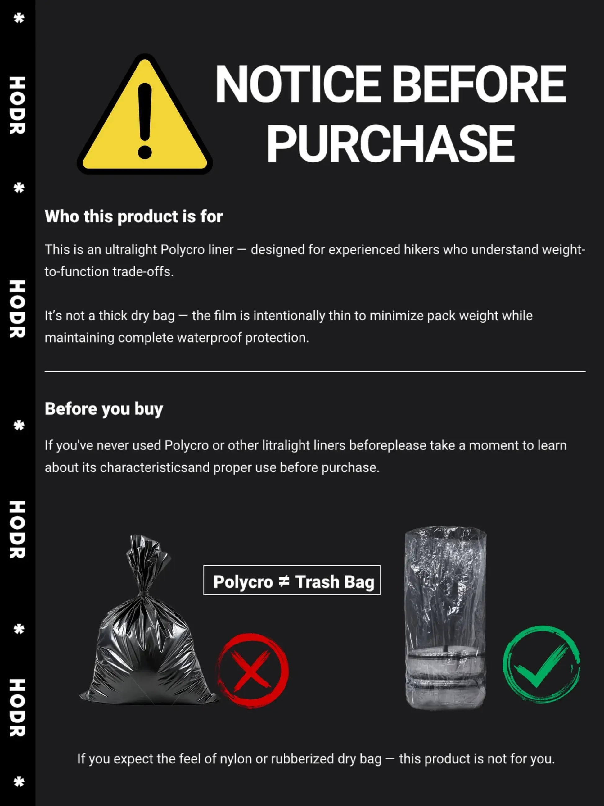 Backpack liner bag by Simples Market; ultralight Polycro inner dry bag (14g), waterproof for hiking and UL camping gear.