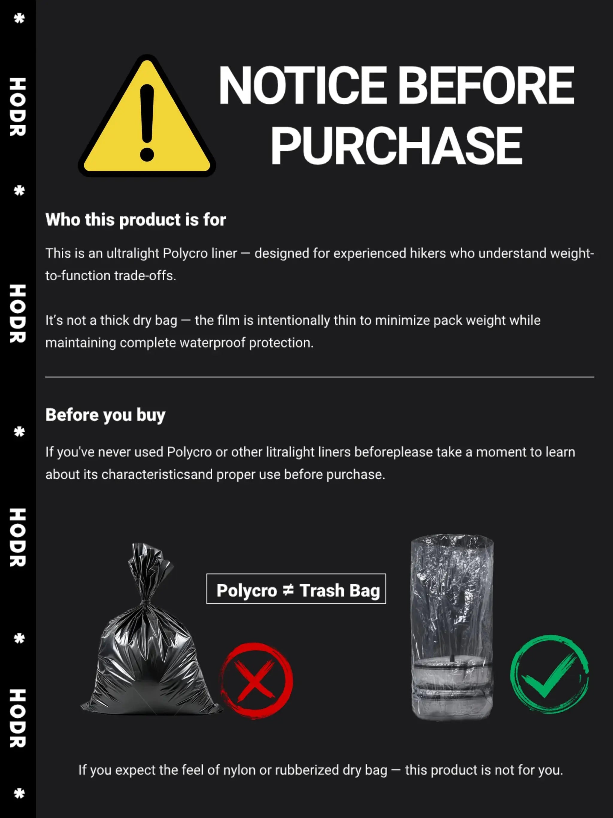 Backpack liner bag by Simples Market; ultralight Polycro inner dry bag (14g), waterproof for hiking and UL camping gear.