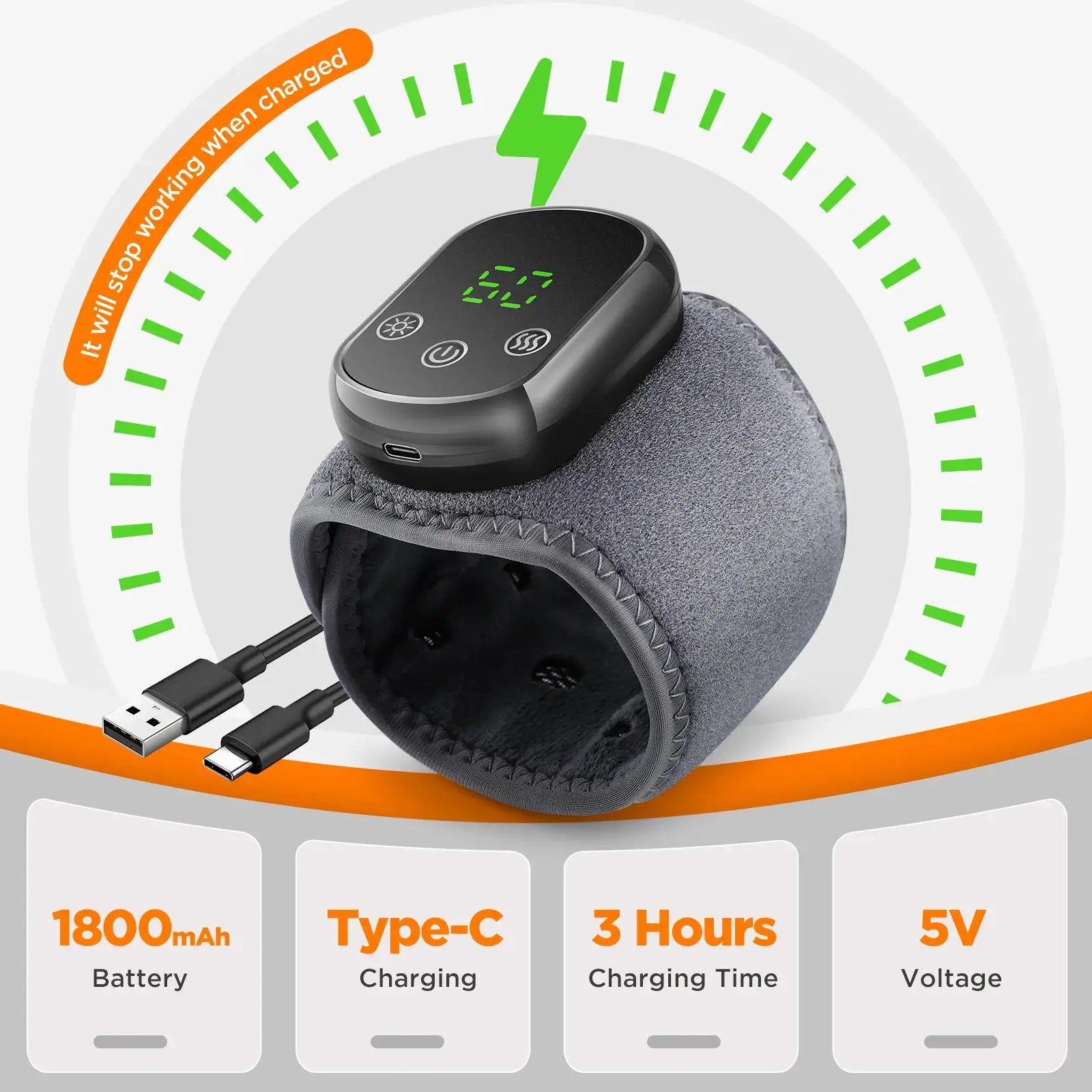 Cordless wrist and hand heated massager with grey fabric wrap; black device and USB-C charging cable